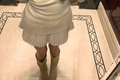 Long Sleeve V-Neck Solid Sweater / Elevated Waist Mini Pleated Skirt / Lace Crop Camisole Top