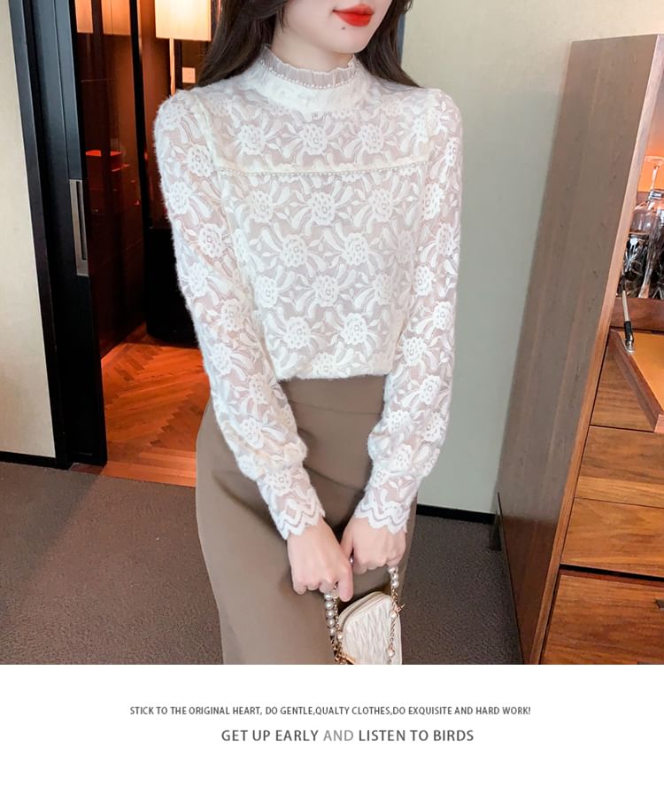 Mock Neck Blouse with Faux Pearl Accents and Frill Lace