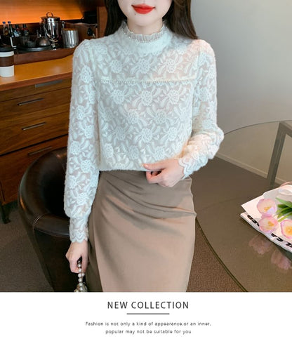 Mock Neck Blouse with Faux Pearl Accents and Frill Lace