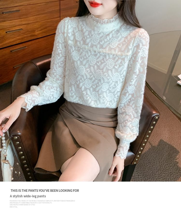 Mock Neck Blouse with Faux Pearl Accents and Frill Lace