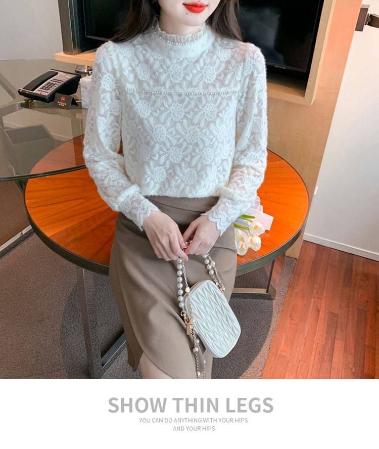 Mock Neck Blouse with Faux Pearl Accents and Frill Lace