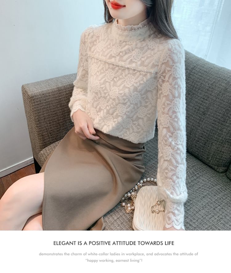 Mock Neck Blouse with Faux Pearl Accents and Frill Lace