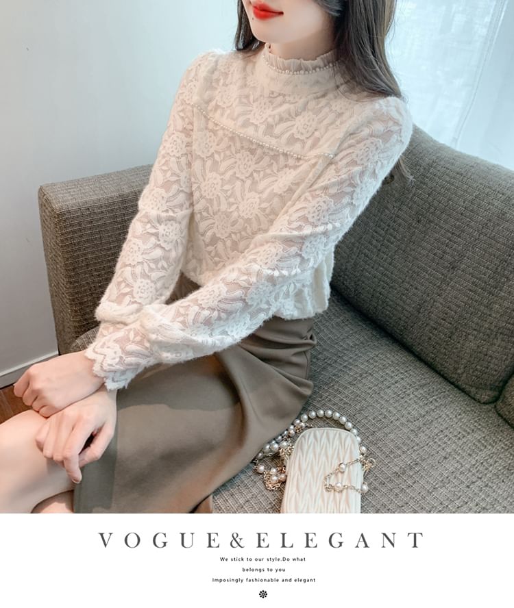 Mock Neck Blouse with Faux Pearl Accents and Frill Lace