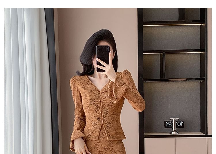 Coordinated Lace Set: V-Neck Button-Up Top and Midi Skirt
