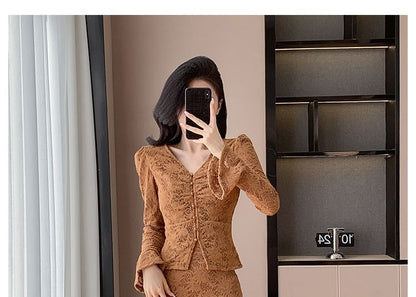 Coordinated Lace Set: V-Neck Button-Up Top and Midi Skirt