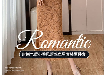 Coordinated Lace Set: V-Neck Button-Up Top and Midi Skirt