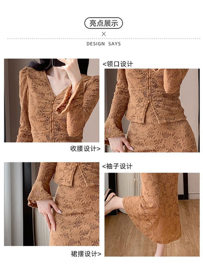Coordinated Lace Set: V-Neck Button-Up Top and Midi Skirt
