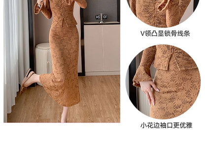 Coordinated Lace Set: V-Neck Button-Up Top and Midi Skirt