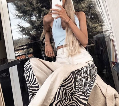 High Waist Animal Print Paneled Loose-Fit Wide-Leg Pants