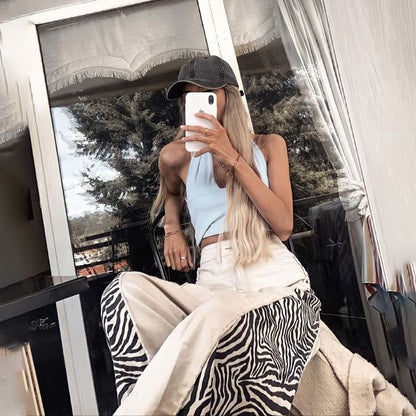 High Waist Animal Print Paneled Loose-Fit Wide-Leg Pants