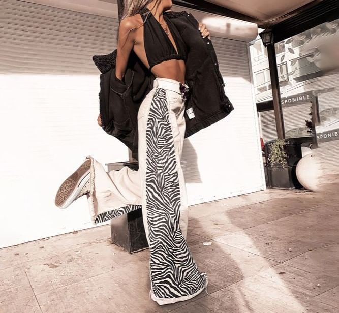 High Waist Animal Print Paneled Loose-Fit Wide-Leg Pants