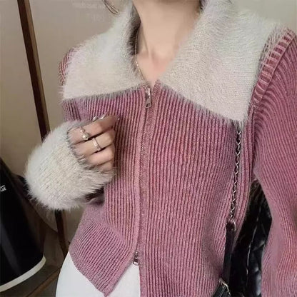 Long Sleeve Faux Fur Panel Ribbed-Knit Zip-Up Cardigan