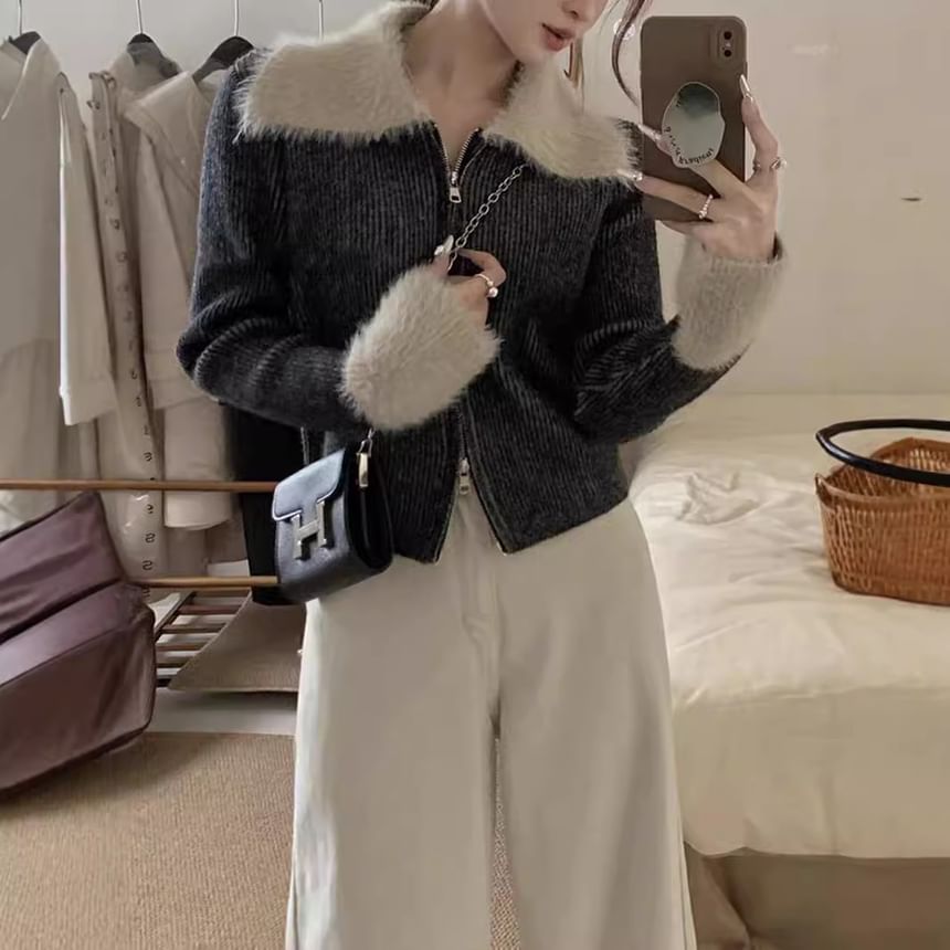 Long Sleeve Faux Fur Panel Ribbed-Knit Zip-Up Cardigan