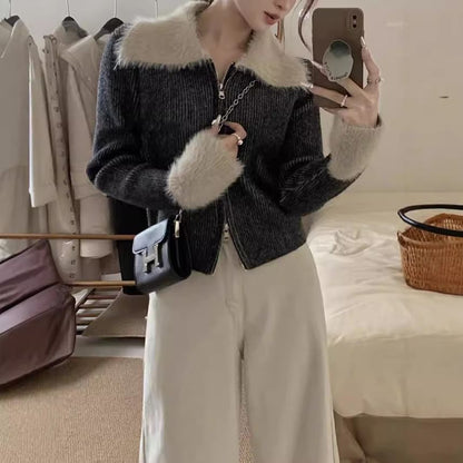 Long Sleeve Faux Fur Panel Ribbed-Knit Zip-Up Cardigan
