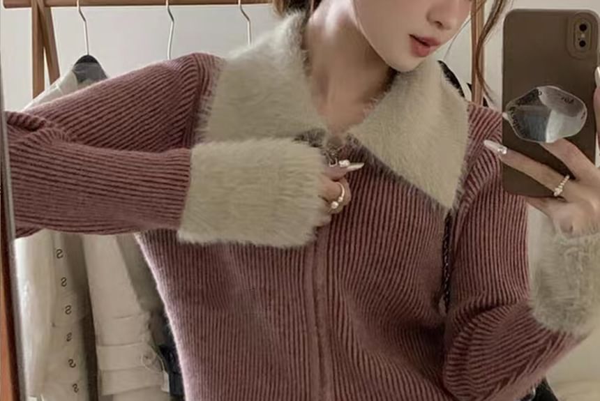 Long Sleeve Faux Fur Panel Ribbed-Knit Zip-Up Cardigan