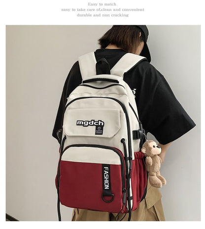 Two Tone Lettering Print Nylon Tote Bag / Laptop Backpack / Bag Charm / Set