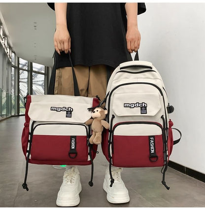 Two Tone Lettering Print Nylon Tote Bag / Laptop Backpack / Bag Charm / Set