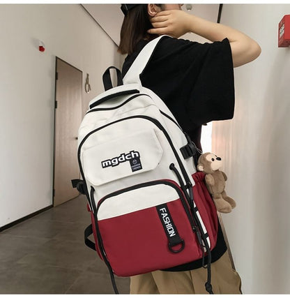 Two Tone Lettering Print Nylon Tote Bag / Laptop Backpack / Bag Charm / Set