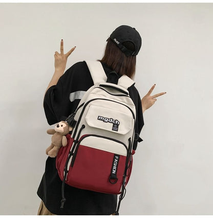 Two Tone Lettering Print Nylon Tote Bag / Laptop Backpack / Bag Charm / Set