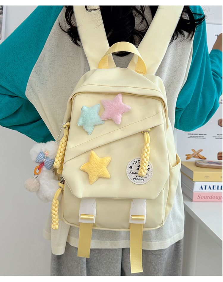 Lettering Applique Nylon Laptop Backpack / Star Badge / Bag Charm / Set