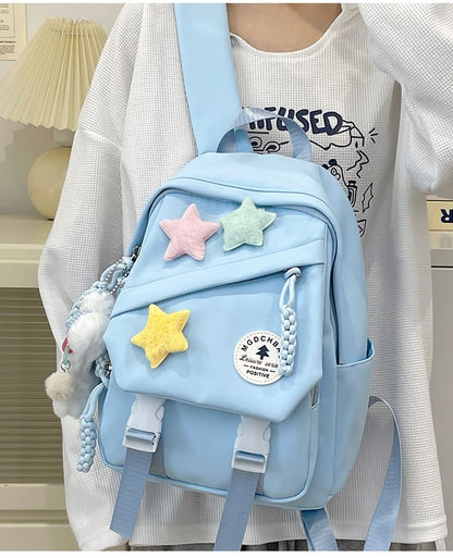 Lettering Applique Nylon Laptop Backpack / Star Badge / Bag Charm / Set