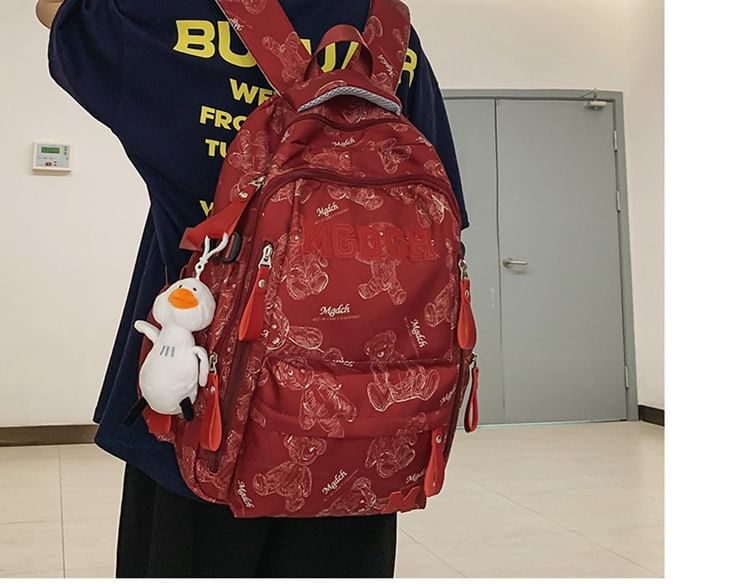 Bear Print Lettering Applique Nylon Laptop Backpack / Tote Bag / Bag Charm / Set