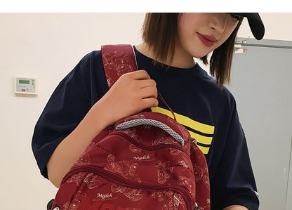 Bear Print Lettering Applique Nylon Laptop Backpack / Tote Bag / Bag Charm / Set