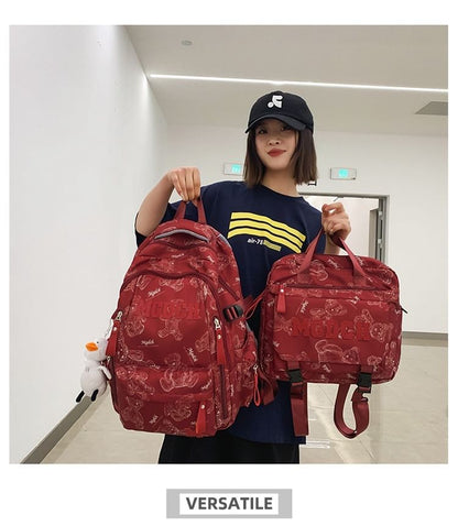 Bear Print Lettering Applique Nylon Laptop Backpack / Tote Bag / Bag Charm / Set