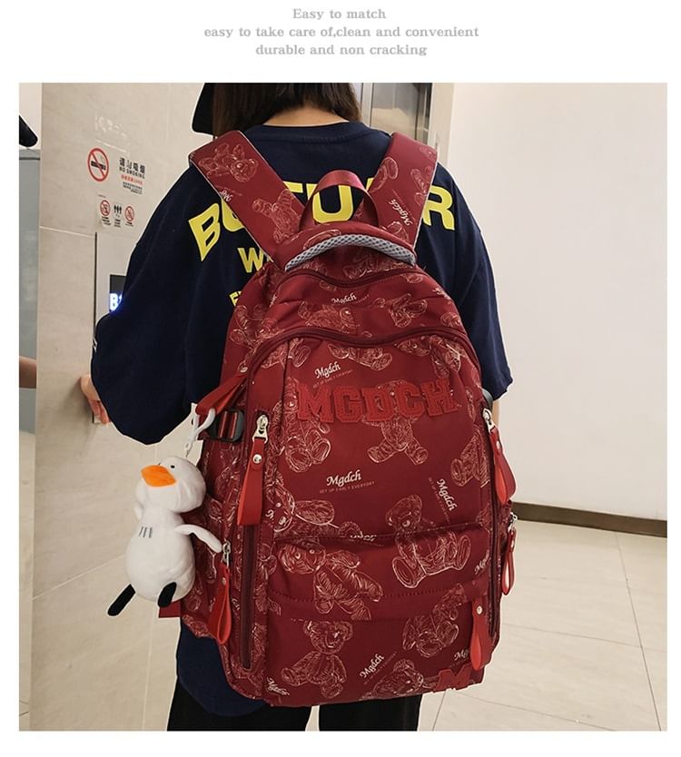 Bear Print Lettering Applique Nylon Laptop Backpack / Tote Bag / Bag Charm / Set