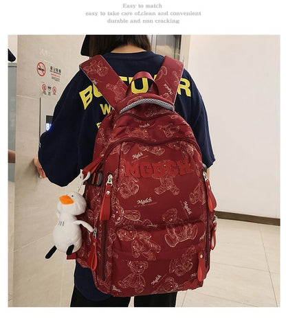 Bear Print Lettering Applique Nylon Laptop Backpack / Tote Bag / Bag Charm / Set