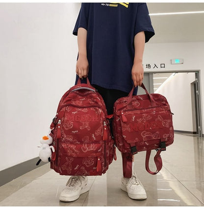 Bear Print Lettering Applique Nylon Laptop Backpack / Tote Bag / Bag Charm / Set