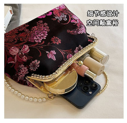Faux Pearl Strap Kiss Lock Floral Embroidered Tassel Crossbody Bag