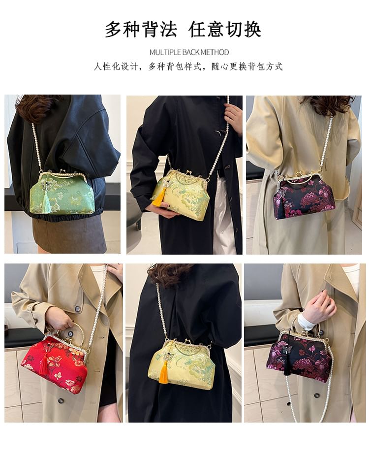 Faux Pearl Strap Kiss Lock Floral Embroidered Tassel Crossbody Bag