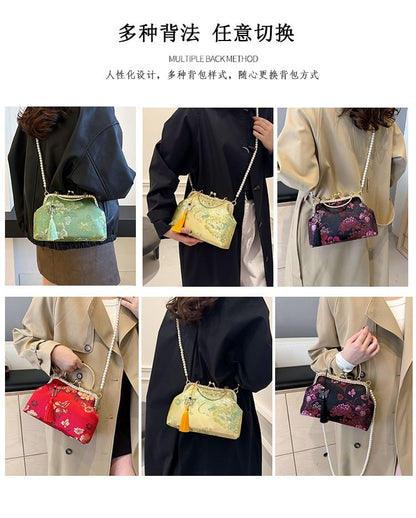 Faux Pearl Strap Kiss Lock Floral Embroidered Tassel Crossbody Bag