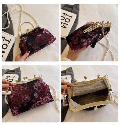 Faux Pearl Strap Kiss Lock Floral Embroidered Tassel Crossbody Bag