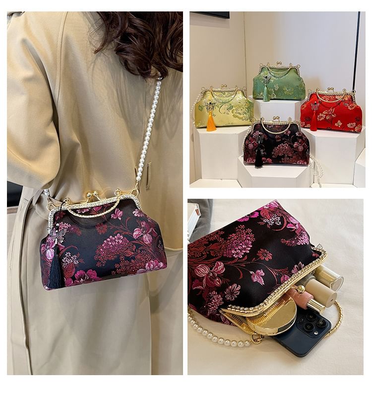 Faux Pearl Strap Kiss Lock Floral Embroidered Tassel Crossbody Bag