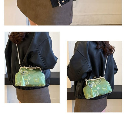 Faux Pearl Strap Kiss Lock Floral Embroidered Tassel Crossbody Bag