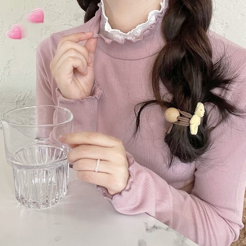 Mock Neck Long-Sleeve Knit Top with Lace Accents