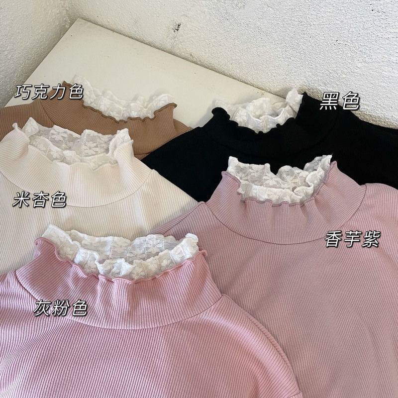Mock Neck Long-Sleeve Knit Top with Lace Accents