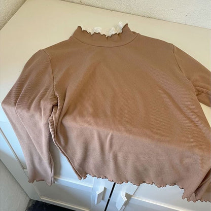 Mock Neck Long-Sleeve Knit Top with Lace Accents
