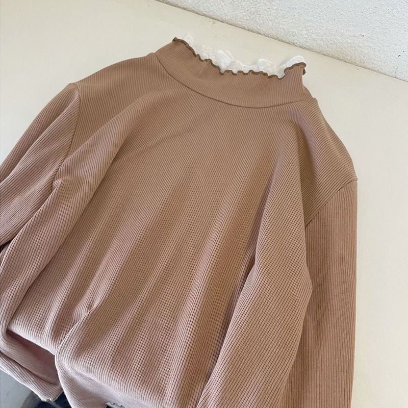 Mock Neck Long-Sleeve Knit Top with Lace Accents