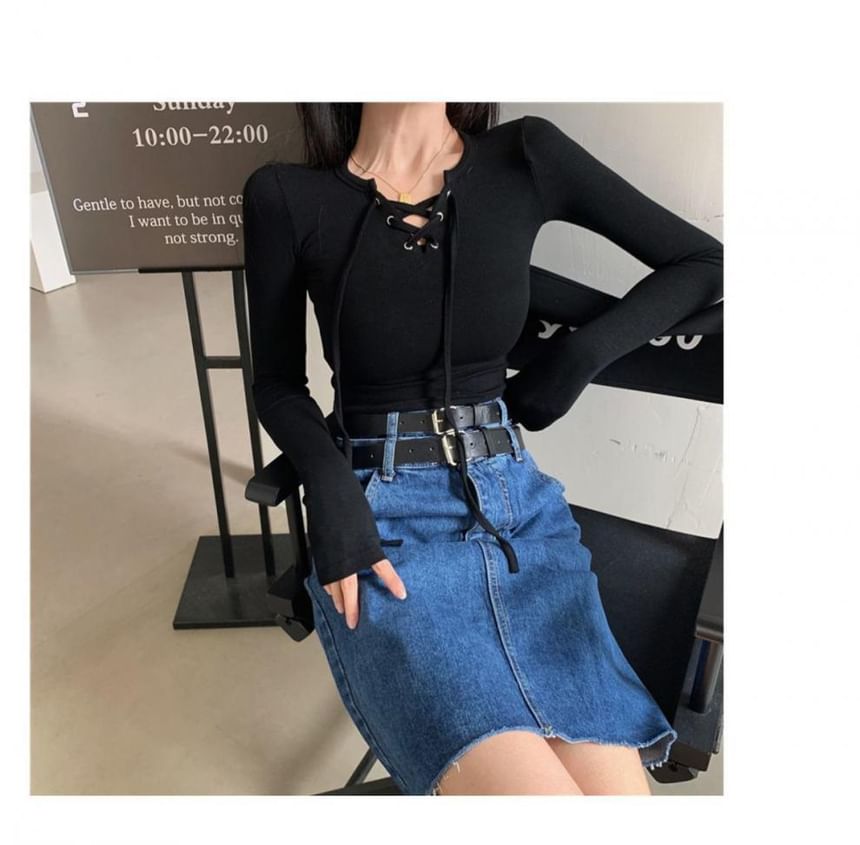V-Neck Lace-Up Knit Top with Long Sleeves