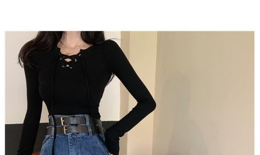 V-Neck Lace-Up Knit Top with Long Sleeves