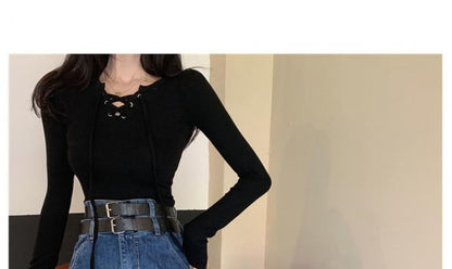 V-Neck Lace-Up Knit Top with Long Sleeves