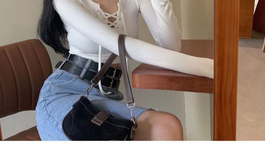 V-Neck Lace-Up Knit Top with Long Sleeves