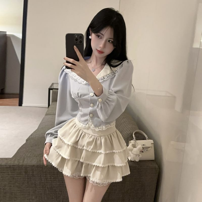 Contrast Collar Blouse with Lace Trim and Tiered Mini Skirt