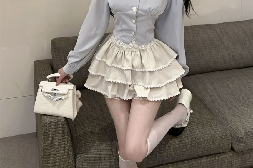 Contrast Collar Blouse with Lace Trim and Tiered Mini Skirt