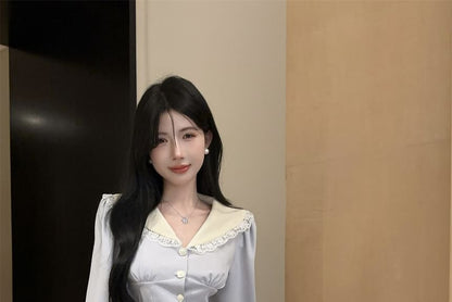 Contrast Collar Blouse with Lace Trim and Tiered Mini Skirt