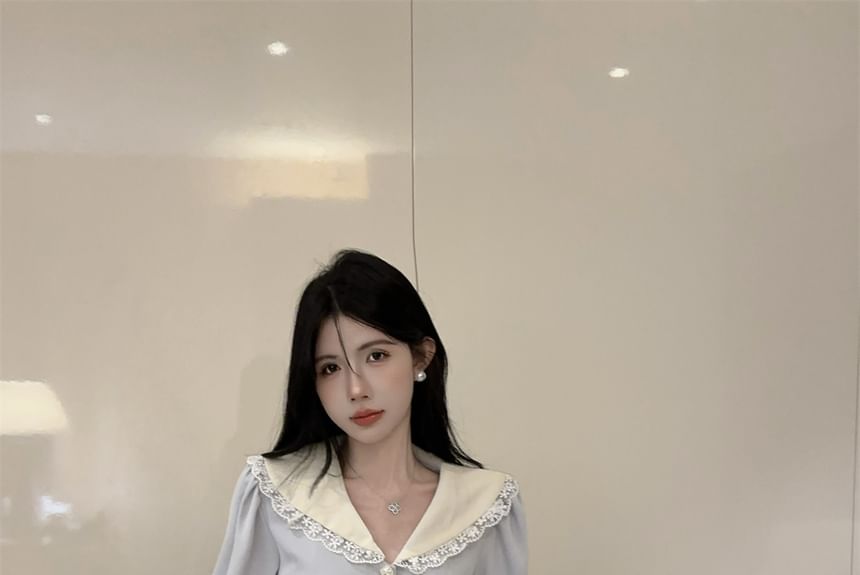 Contrast Collar Blouse with Lace Trim and Tiered Mini Skirt