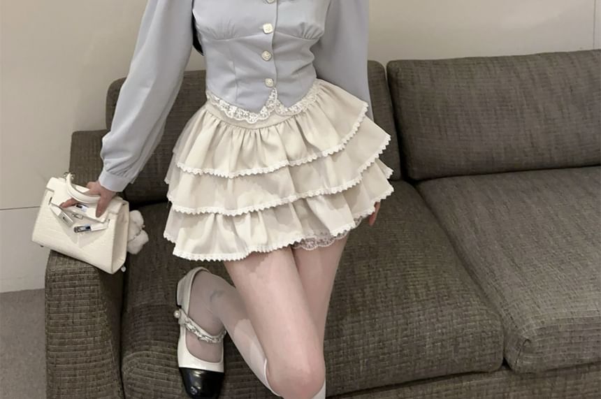 Contrast Collar Blouse with Lace Trim and Tiered Mini Skirt